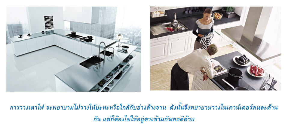 การวางเตาไฟ จะพยายามไม่วางให้ปะทะหรือใกล้กับอ่างล้างจาน ดังนั้นจึงพยายามวางในเคาน์เตอร์คนละด้านกัน แต่ก็ต้องไม่ให้อยู่ตรงข้ามกันพอดีด้วย