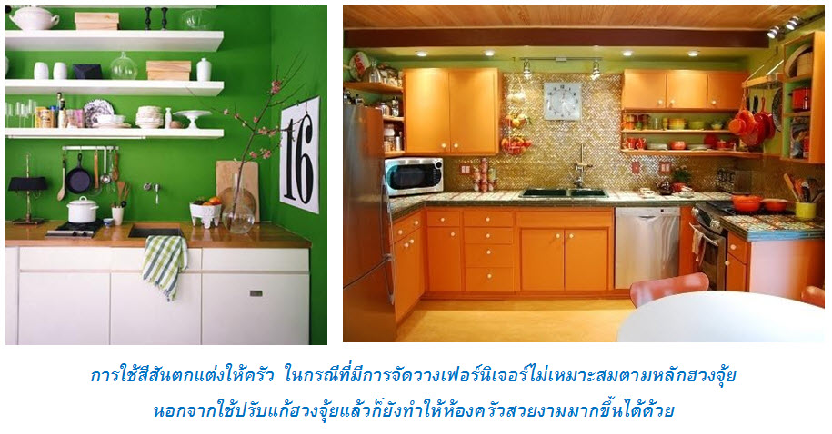 การใช้สีสันตกแต่งให้ครัว ในกรณีที่มีการจัดวางเฟอร์นิเจอร์ไม่เหมาะสมตามหลักฮวงจุ้ย นอกจากใช้ปรับแก้ฮวงจุ้ยแล้วก็ยังทำให้ห้องครัวสวยงามมากขึ้นได้ด้วย